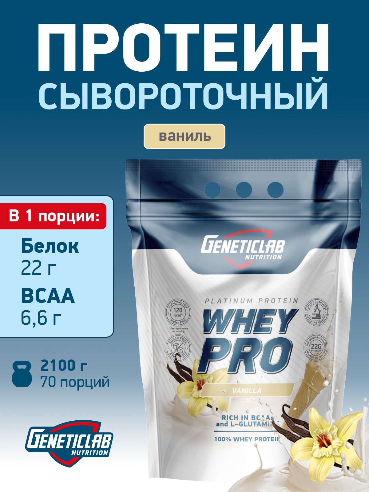 Сывороточный протеин WHEY PRO 2100 г Ваниль для спорта и фитнеса – фото №  1