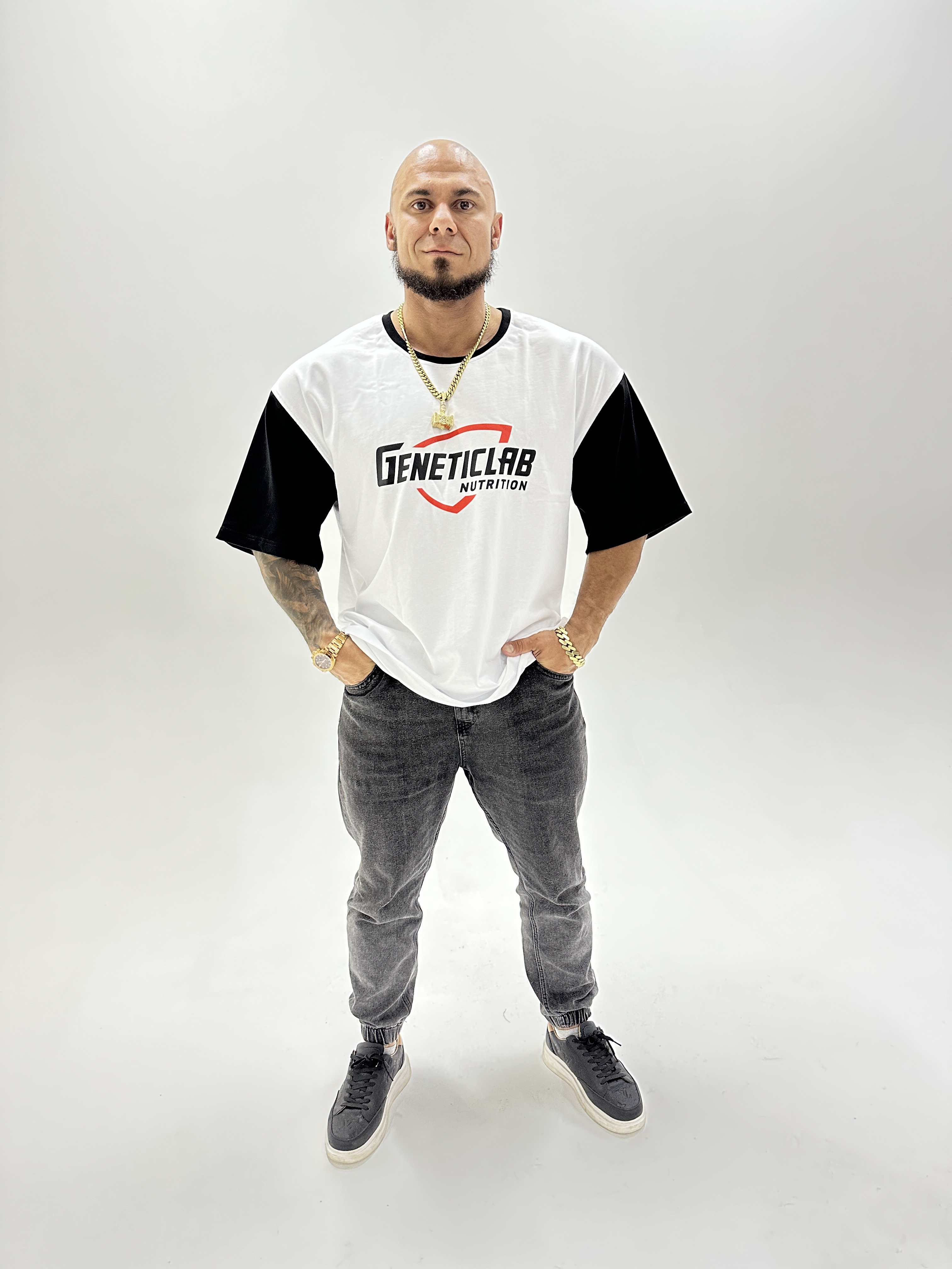 Футболка Genetic Lab T-Shirt 300 Logo G White & Black Sleeve, L-XL для спорта и фитнеса – фото №  1