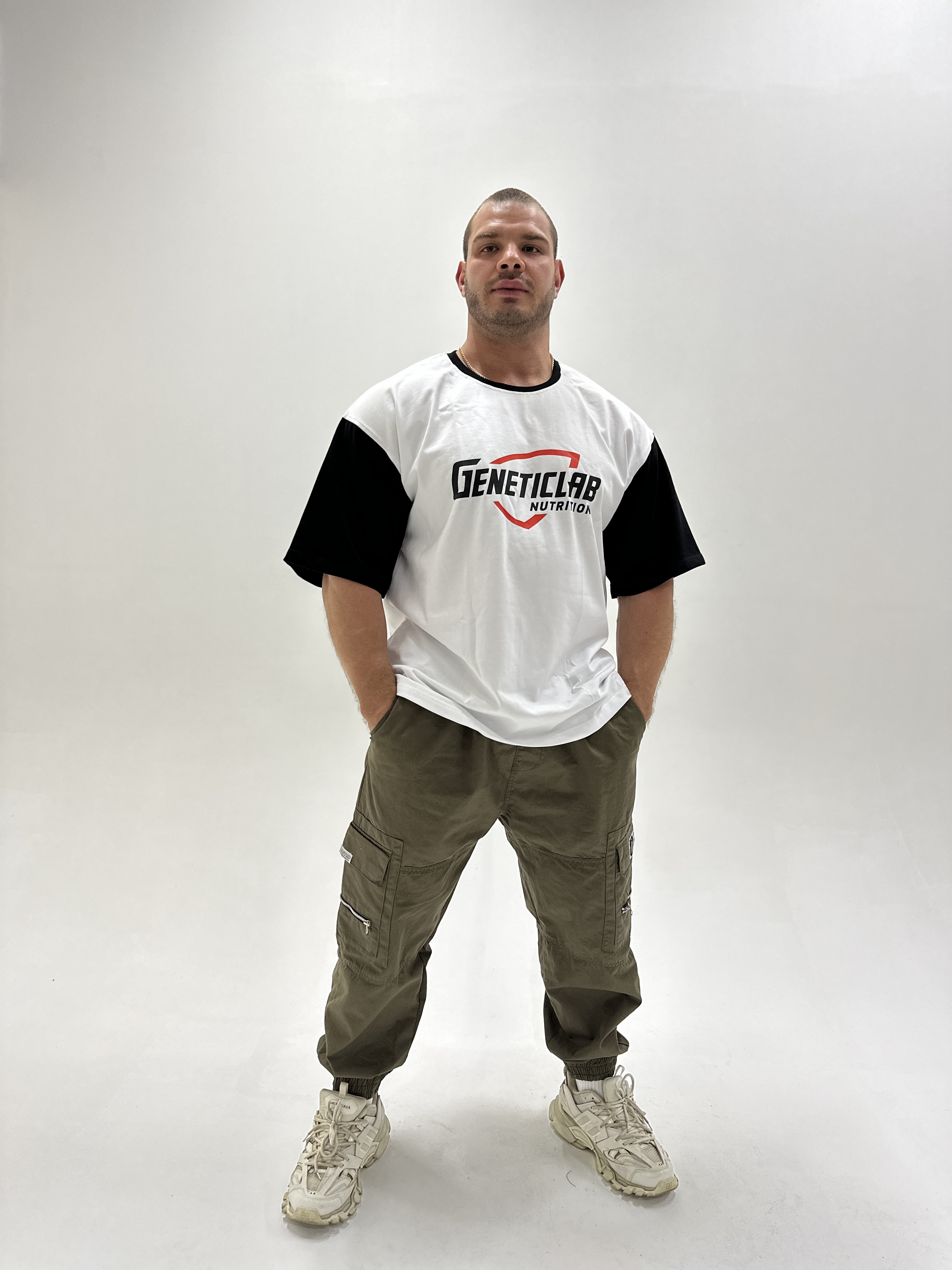Футболка Genetic Lab T-Shirt 300 Logo G White & Black Sleeve, L-XL для спорта и фитнеса – фото №  3